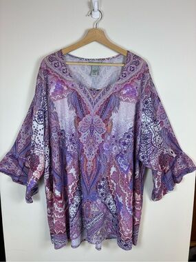 Catherines Tunic Top 3X Purple Floral Paisley 3/4 Bell Sleeve Boho Witchy Flowy